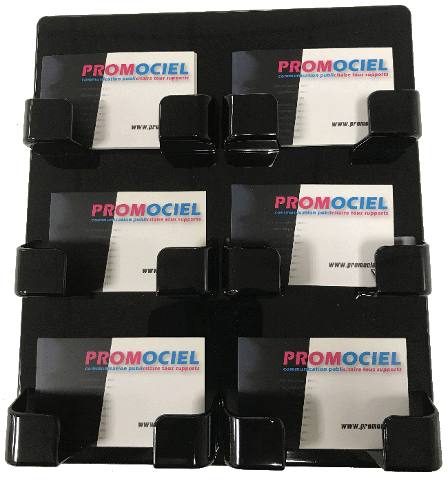 Présentoirs muraux en vente dans différents format chez Promociel Présentoir de cartes de visite mural avec cartes en vente parmi la gamme de présentoirs muraux de Promociel