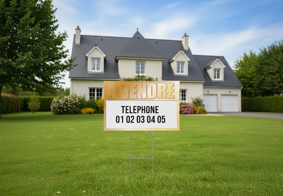Panneau à vendre planté dans le gazon d'une maison individuelle