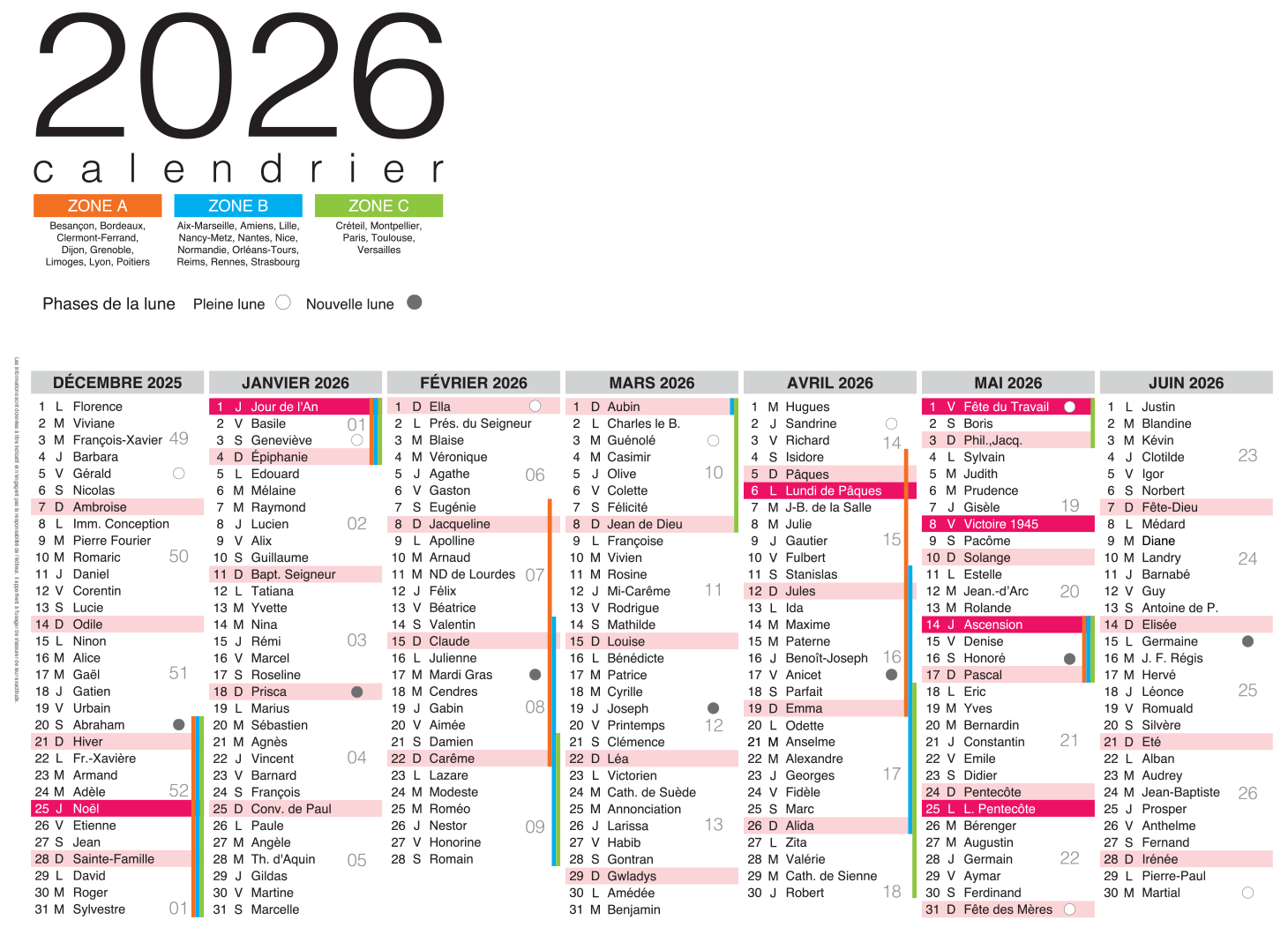 Grille calendaire 2026 recto du calendrier publicitaire A2 à personnaliser en ligne