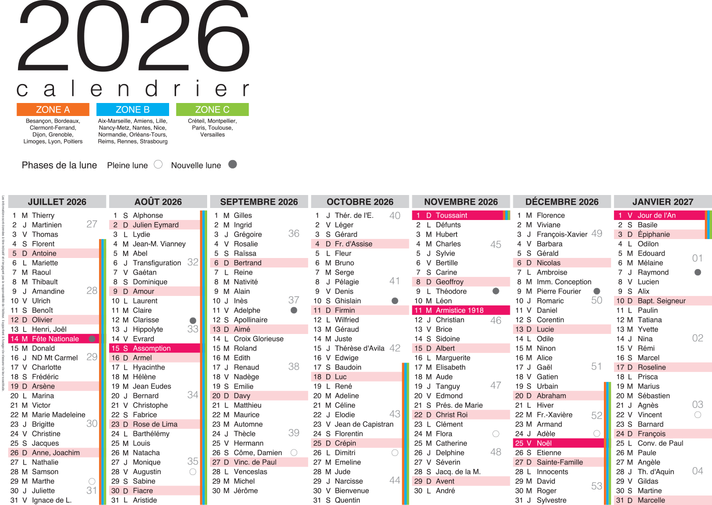 Grille calendaire verso des calendriers 2026 au format A3