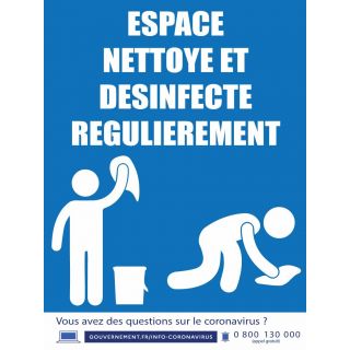 Affiche espace nettoyé et désinfecté régulièrement 30 x 40 cm