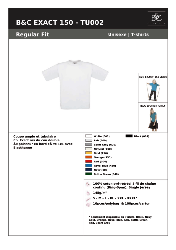 T-shirt b&c exact 150 blanc - Promociel
