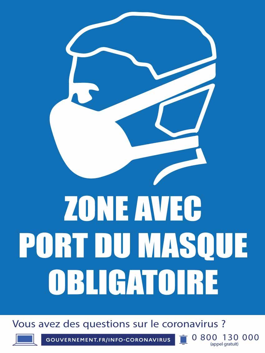 Affiche "zone avec port du masque obligatoire" en vente chez Promociel parmi la gamme d'affiches d'équipement COVID-19